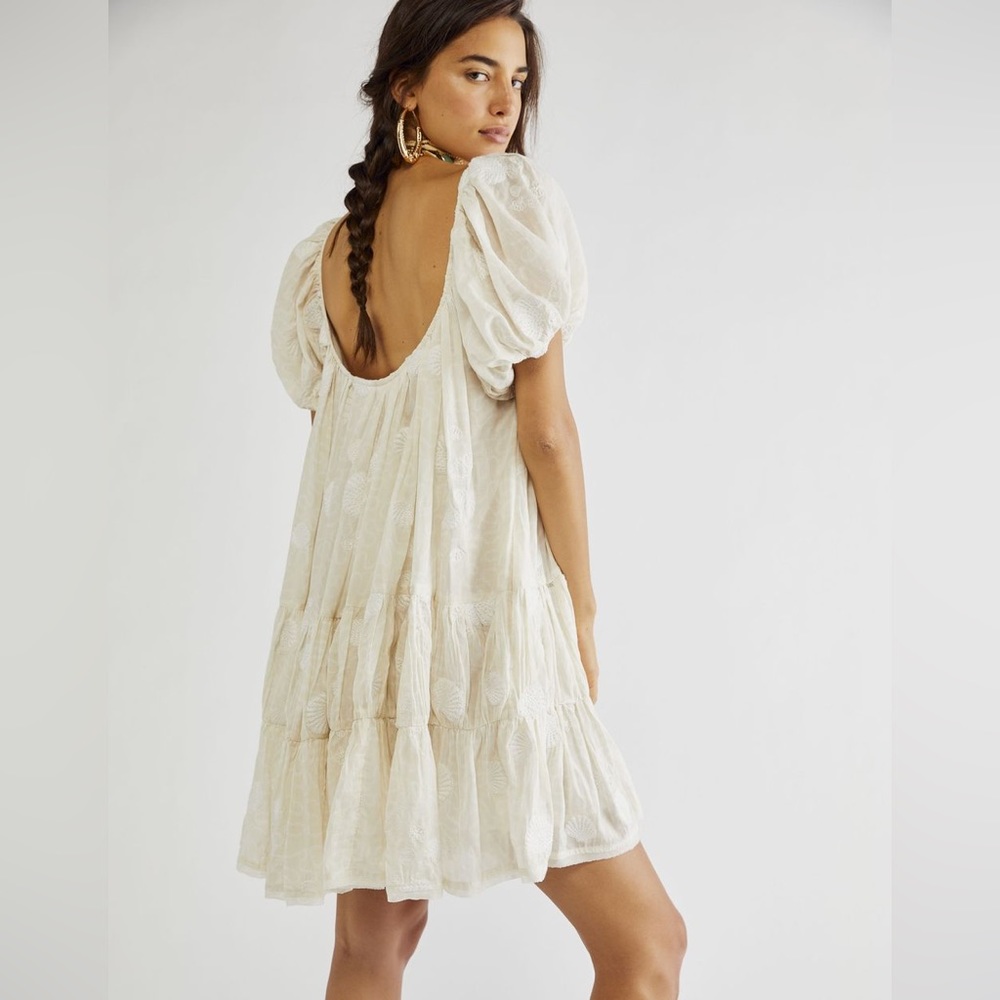 Free People x Zanola Rhodes XS Baby Doll Dress Seashell Embroider Puffed Sleeves